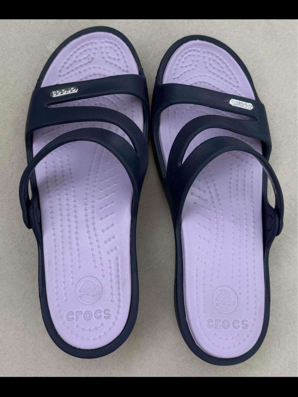 CROCS Women's Navy and Lavender Double-Strap Slide Sandals - Picture 3 of 5